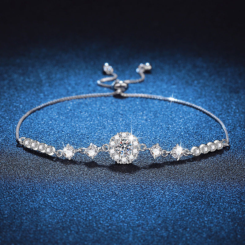 Bracelet Sterling Silver Adjustable Moissanite Flower Cluster Chain Bracelet with Brilliant Cut Stones