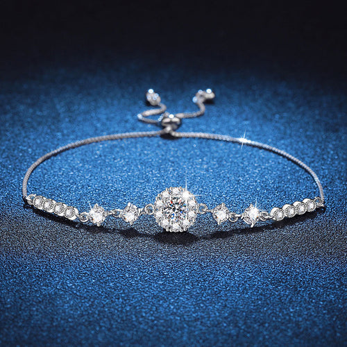 Bracelet Sterling Silver Adjustable Moissanite Flower Cluster Chain Bracelet with Brilliant Cut Stones