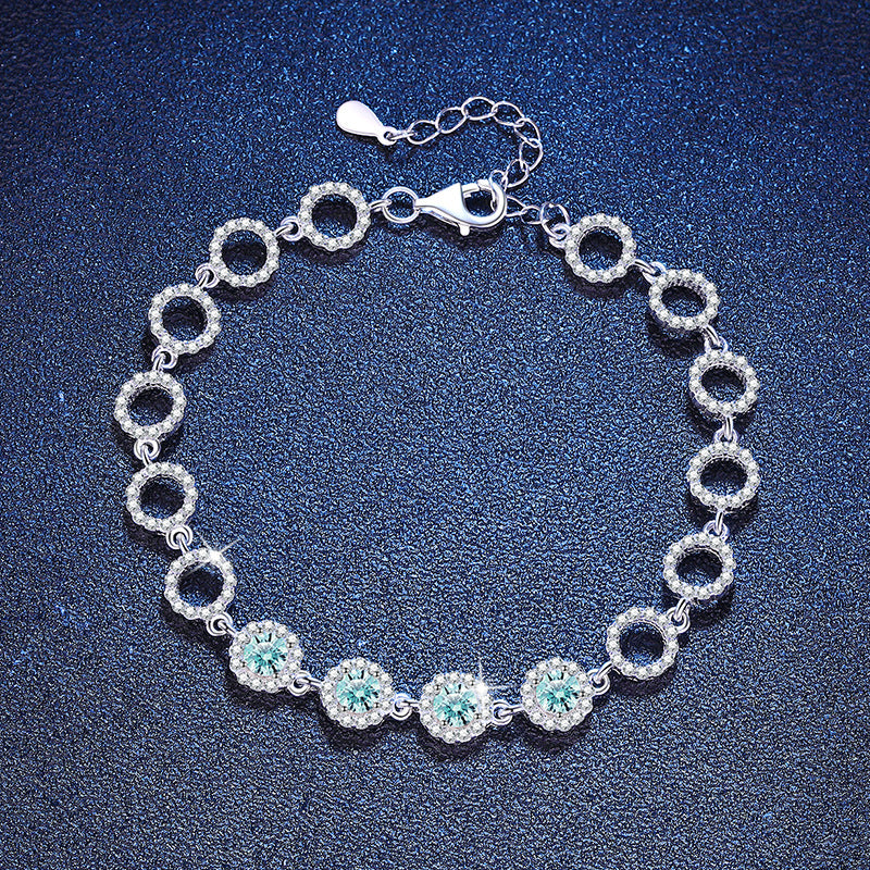 Bracelet Sterling Silver Aqua Blue Moissanite Circle Link Chain Bracelet with Halo Setting