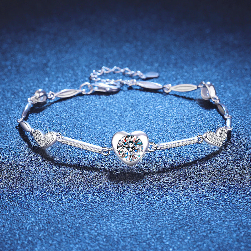 Bracelet Sterling Silver Heart Moissanite Chain Bracelet with D Color Stone