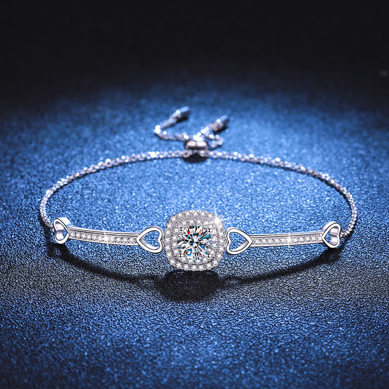 Bracelet Luxury 925 Sterling Silver Moissanite Heart Design Adjustable Chain Bracelet with 1 Carat Center Stone