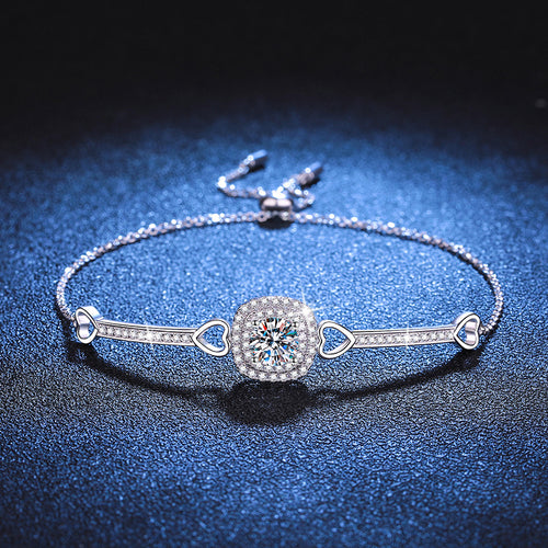 Bracelet Luxury 925 Sterling Silver Moissanite Heart Design Adjustable Chain Bracelet with 1 Carat Center Stone