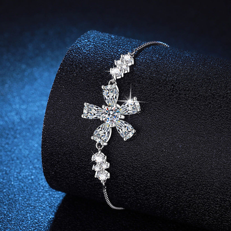Bracelet Sterling Silver Cherry Blossom Flower Moissanite Adjustable Chain Bracelet