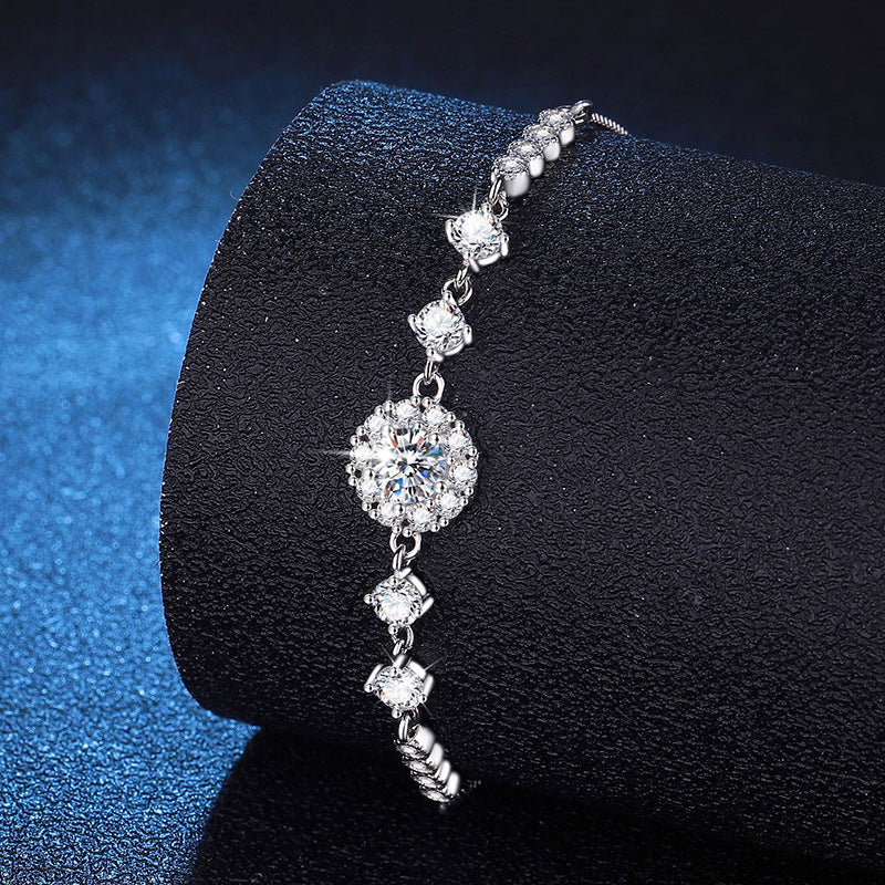 Bracelet Sterling Silver Adjustable Moissanite Flower Cluster Chain Bracelet with Brilliant Cut Stones