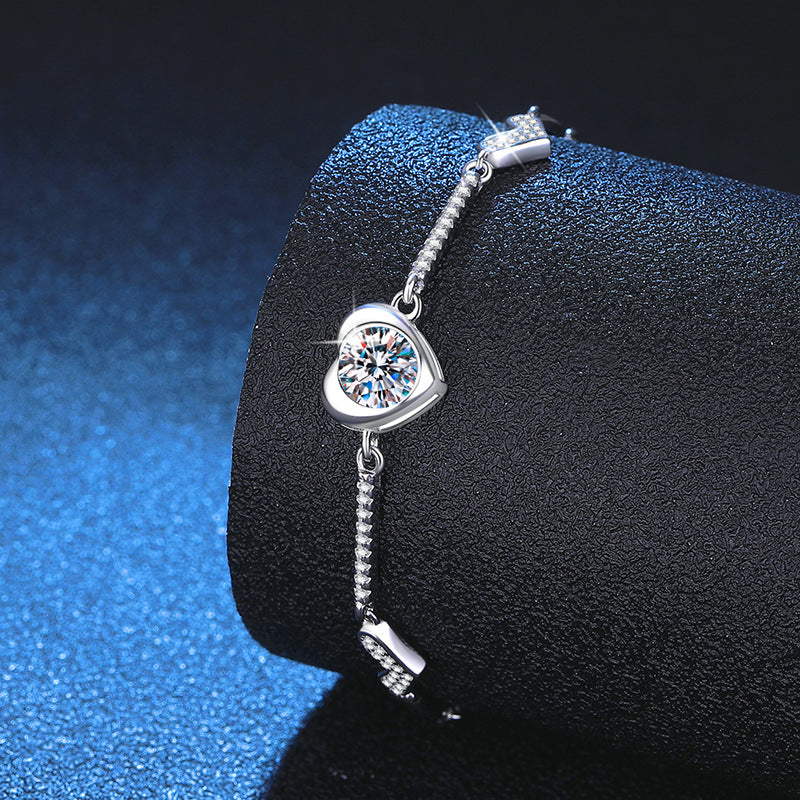 Bracelet Sterling Silver Heart Moissanite Chain Bracelet with D Color Stone