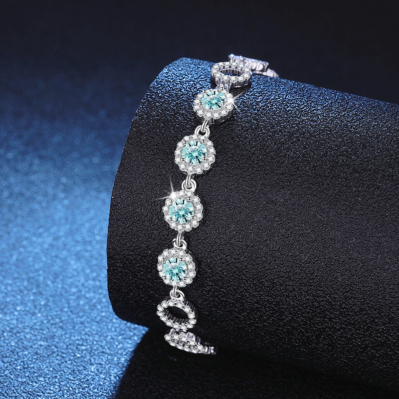 Bracelet Sterling Silver Aqua Blue Moissanite Circle Link Chain Bracelet with Halo Setting