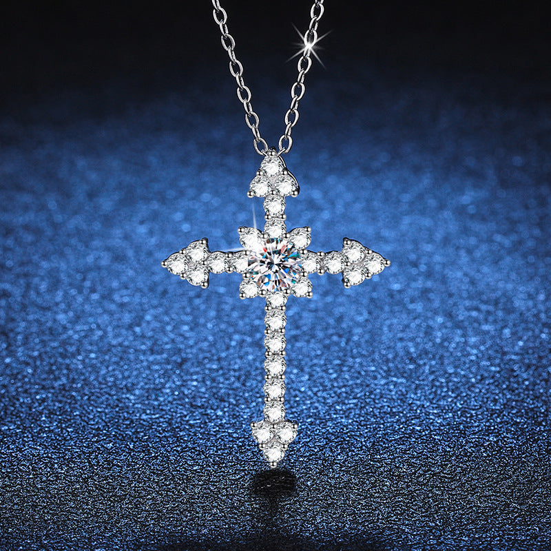 Necklace Sterling Silver Cross Pendant with Moissanite Stones Fully Paved Design