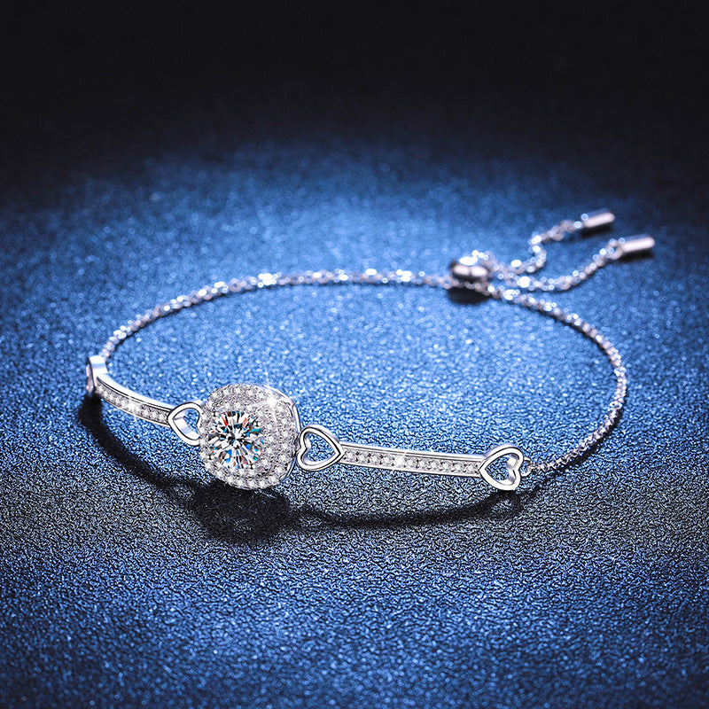 Bracelet Luxury 925 Sterling Silver Moissanite Heart Design Adjustable Chain Bracelet with 1 Carat Center Stone