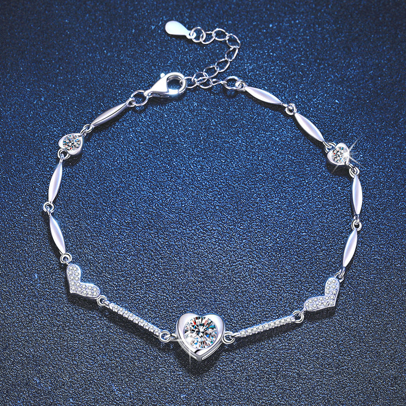 Bracelet Sterling Silver Heart Moissanite Chain Bracelet with D Color Stone