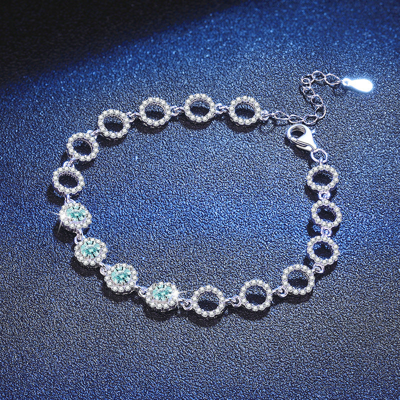 Bracelet Sterling Silver Aqua Blue Moissanite Circle Link Chain Bracelet with Halo Setting