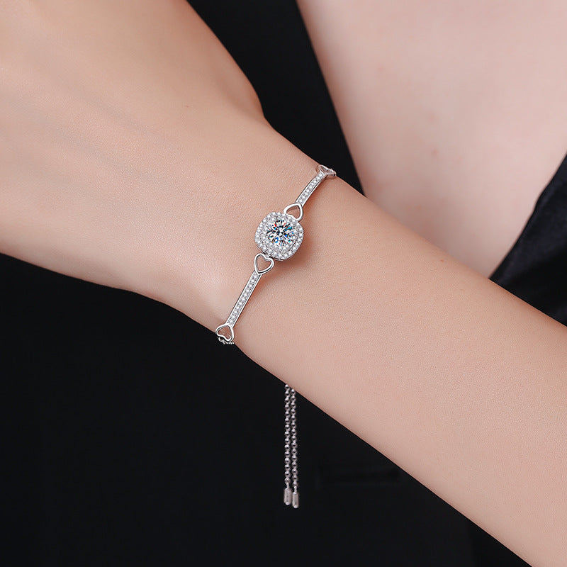Bracelet Luxury 925 Sterling Silver Moissanite Heart Design Adjustable Chain Bracelet with 1 Carat Center Stone