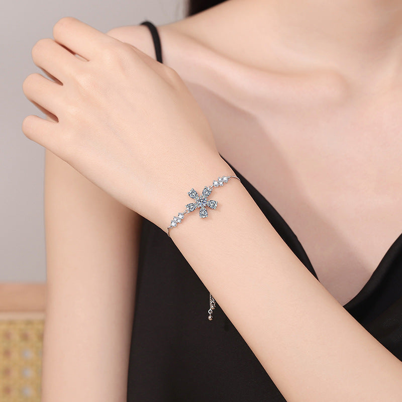 Bracelet Sterling Silver Cherry Blossom Flower Moissanite Adjustable Chain Bracelet