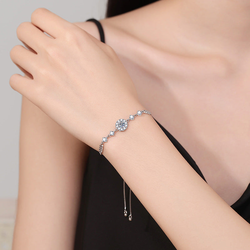 Bracelet Sterling Silver Adjustable Moissanite Flower Cluster Chain Bracelet with Brilliant Cut Stones