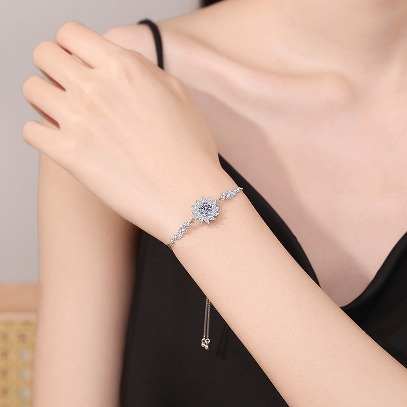 Bracelet Adjustable 925 Sterling Silver Sunflower Moissanite Chain with Brilliant Cut Stones