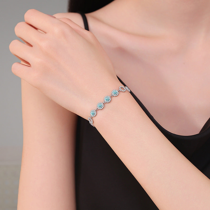 Bracelet Sterling Silver Aqua Blue Moissanite Circle Link Chain Bracelet with Halo Setting