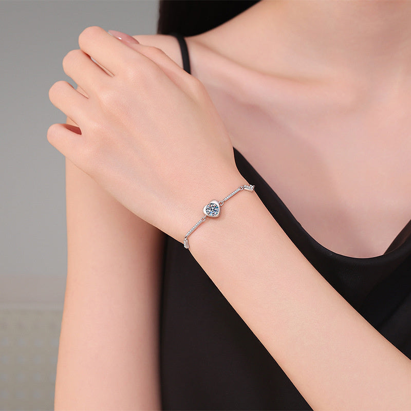 Bracelet Sterling Silver Heart Moissanite Chain Bracelet with D Color Stone
