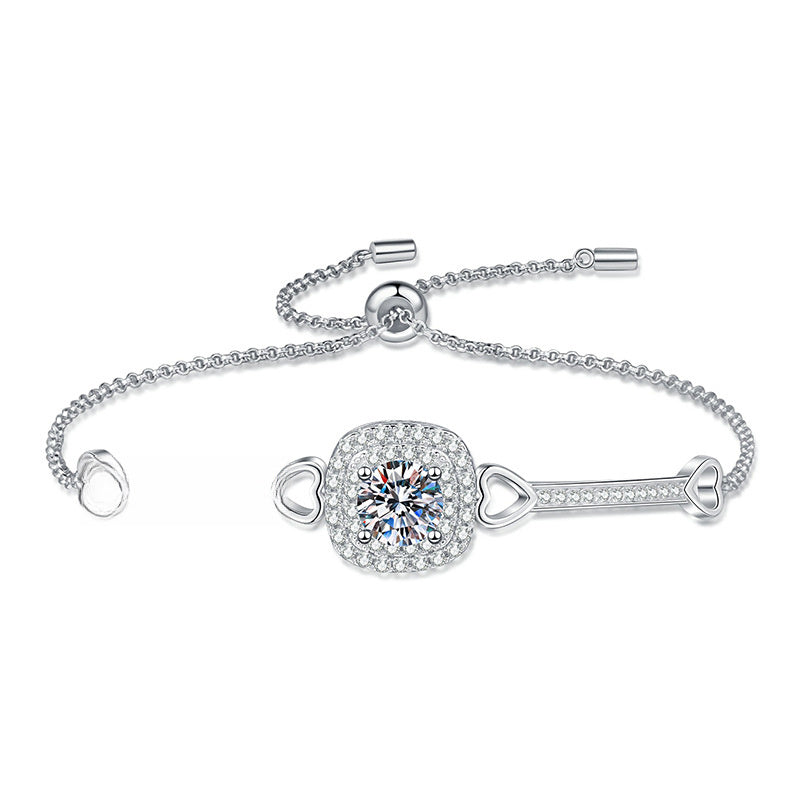 Bracelet Luxury 925 Sterling Silver Moissanite Heart Design Adjustable Chain Bracelet with 1 Carat Center Stone