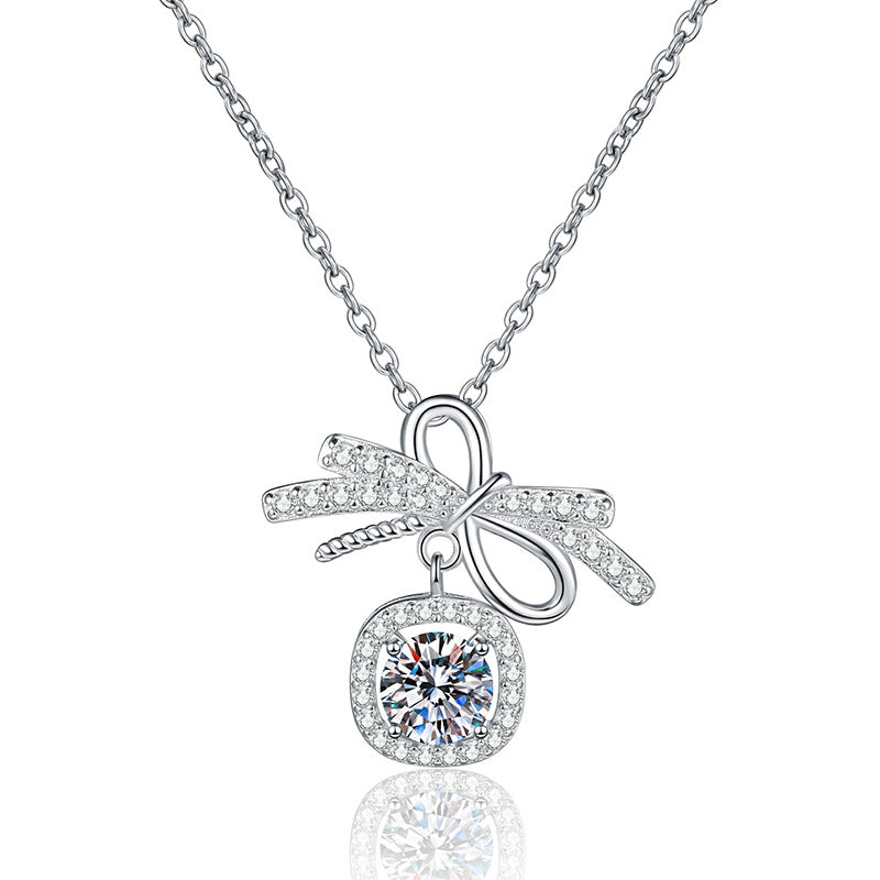 Necklace Sterling Silver Bow Pendant with Moissanite Stone Elegant Chain Jewelry