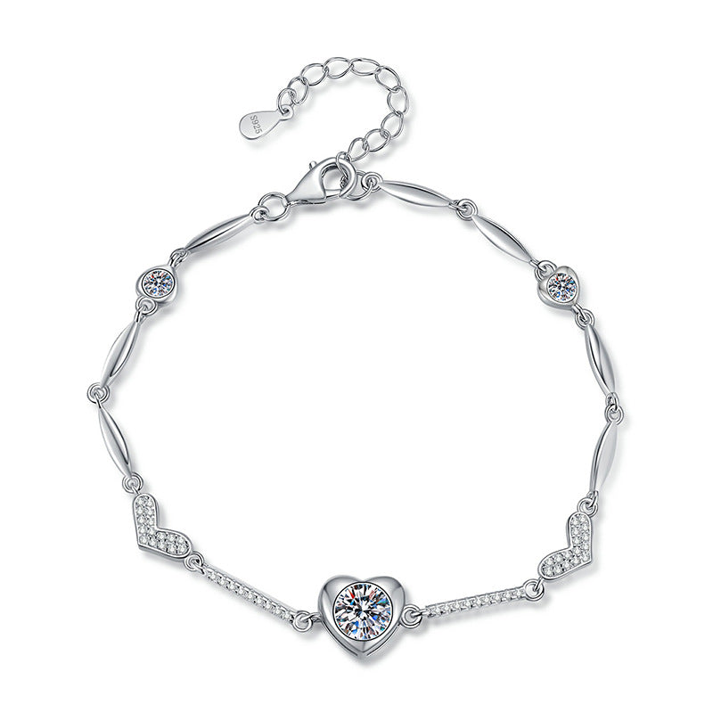 Bracelet Sterling Silver Heart Moissanite Chain Bracelet with D Color Stone