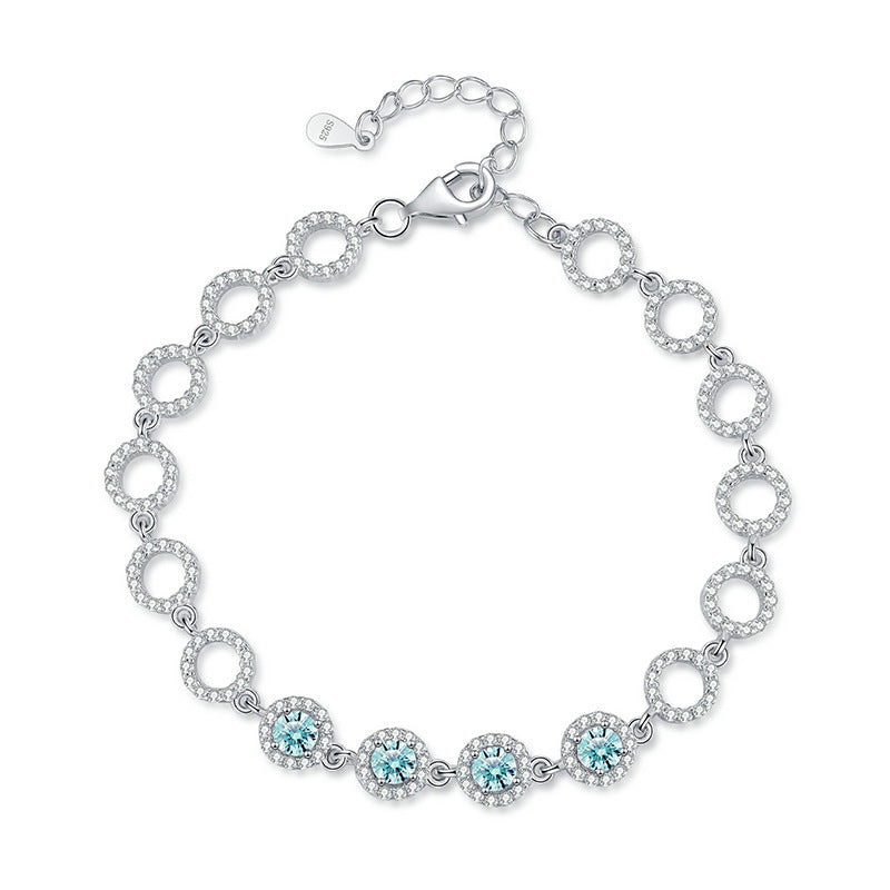 Bracelet Sterling Silver Aqua Blue Moissanite Circle Link Chain Bracelet with Halo Setting