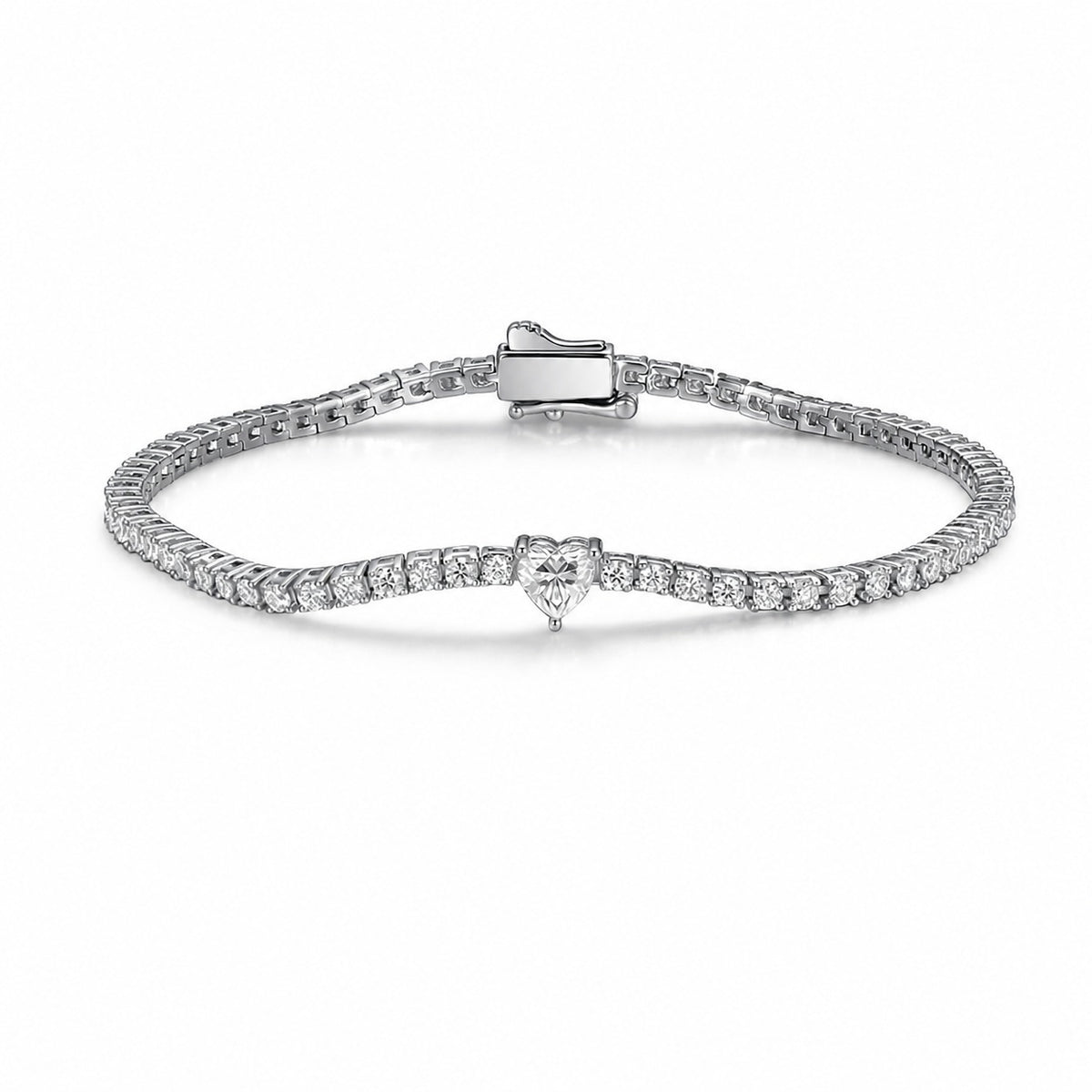 Mossanite Heart Shaped Centre Stone Design 925 Sterling Silver Bracelet