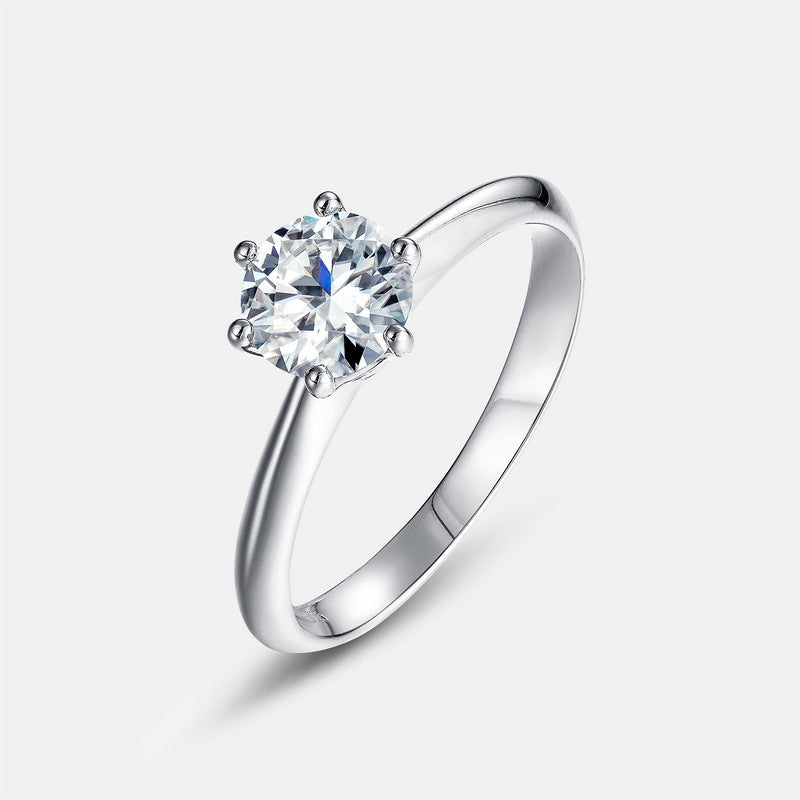 Classic Round Moissanite Six Prong Solitaire Ring White Gold Color S925 Sterling Silver Closed Band Ring for Women Minimalist Elegant Fashion Wedding Promise Jewelry