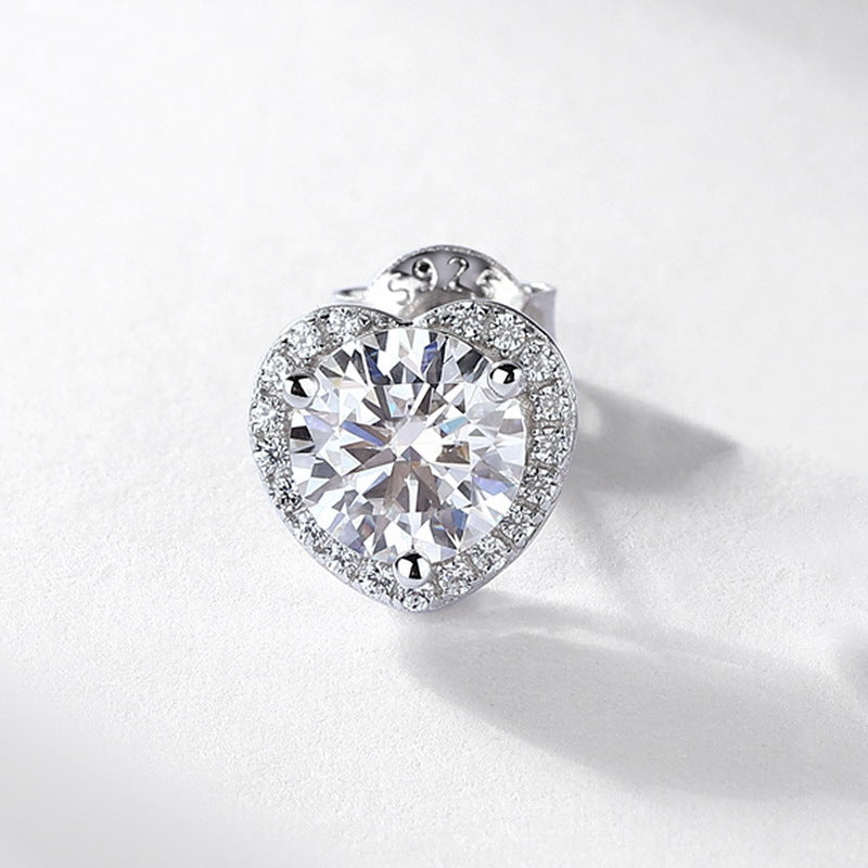 Heart Halo Moissanite Stud Earrings White Gold Color S925 Sterling Silver Round 1 Carat Center Stone Elegant Fashion Jewelry for Women Wedding Party Anniversary Gift