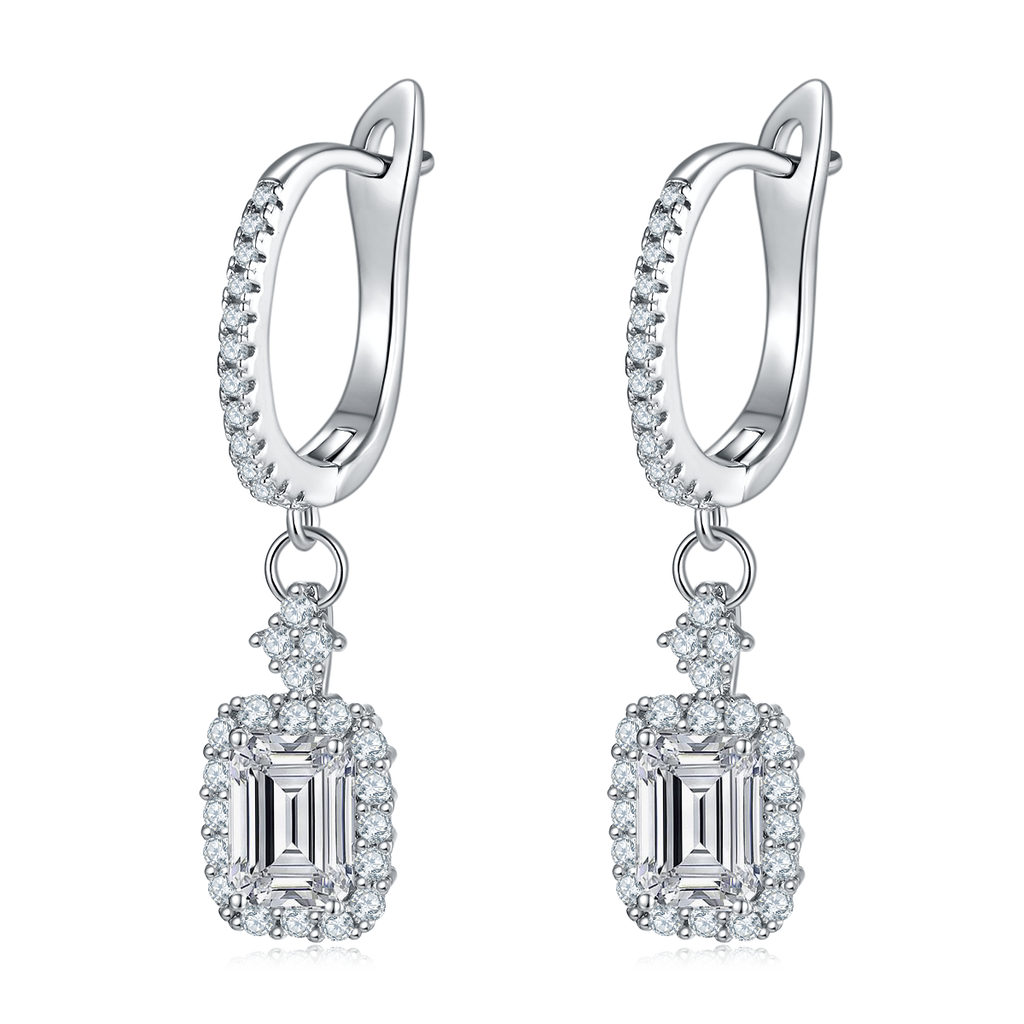Emerald-Cut Moissanite Halo Drop Huggie Earrings in 925 Sterling Silver