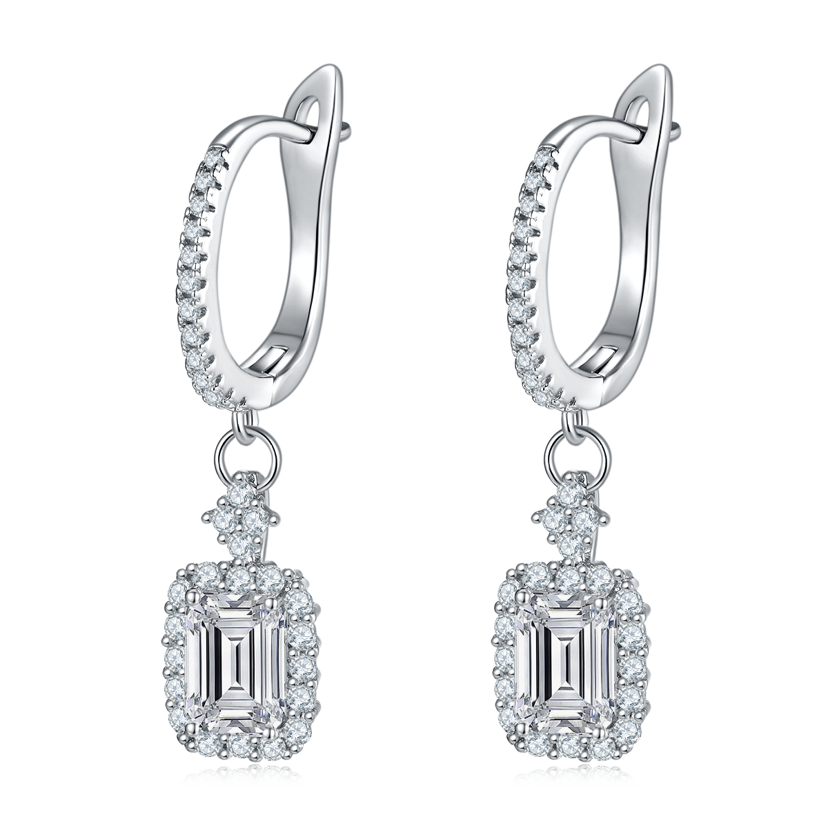 Emerald-Cut Moissanite Halo Drop Huggie Earrings in 925 Sterling Silver