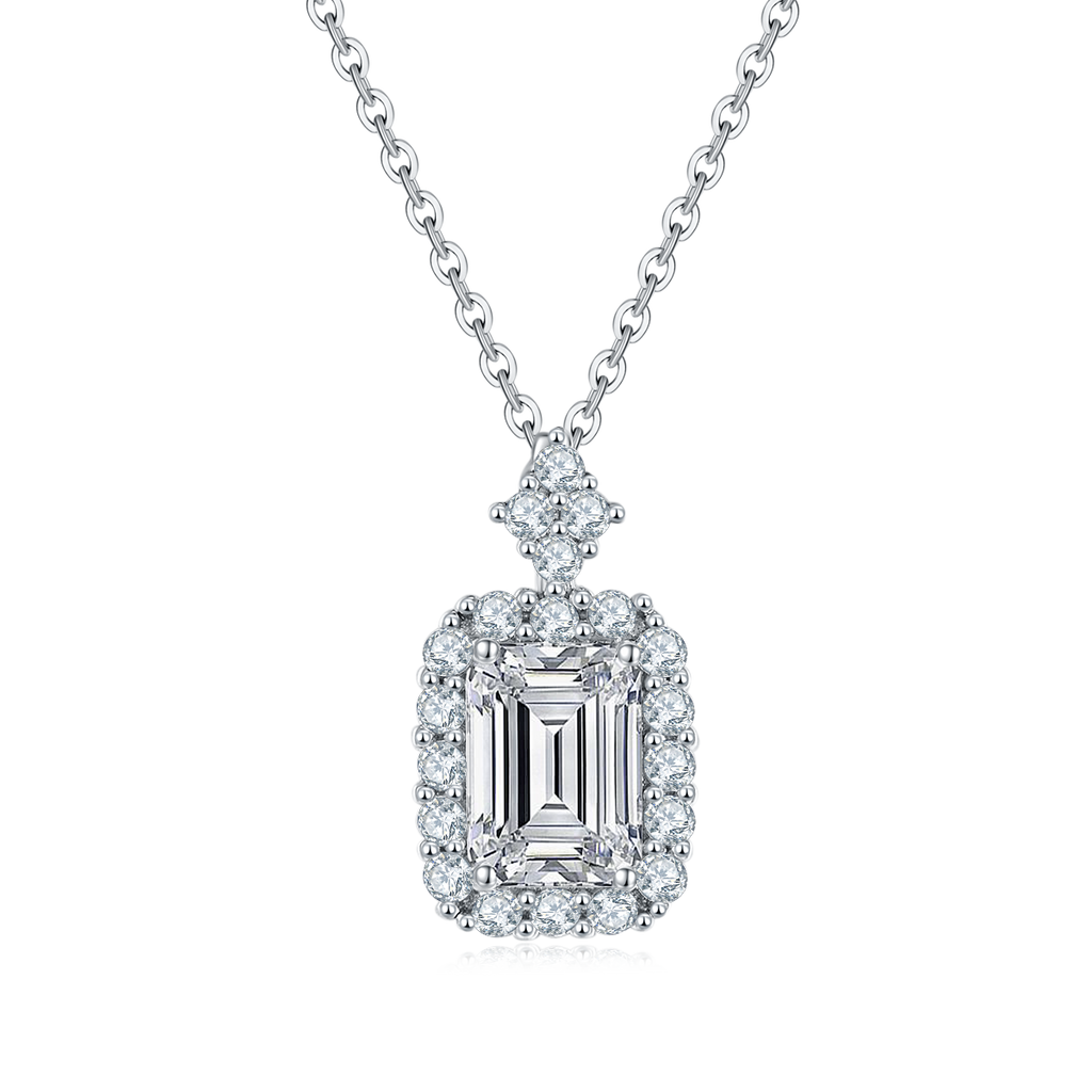 Emerald-Cut Moissanite Halo Pendant Necklace in 925 Sterling Silver