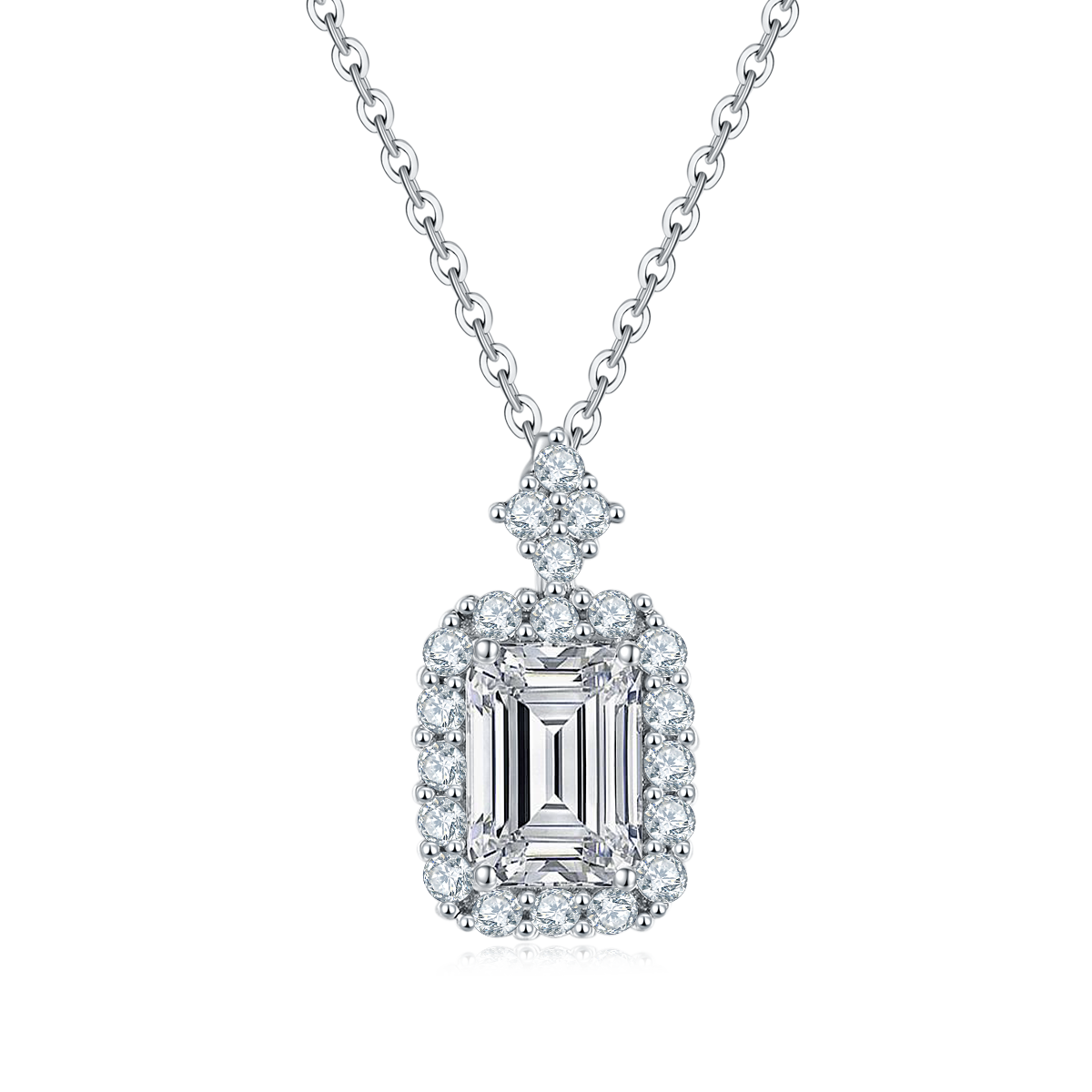 Emerald-Cut Moissanite Halo Pendant Necklace in 925 Sterling Silver
