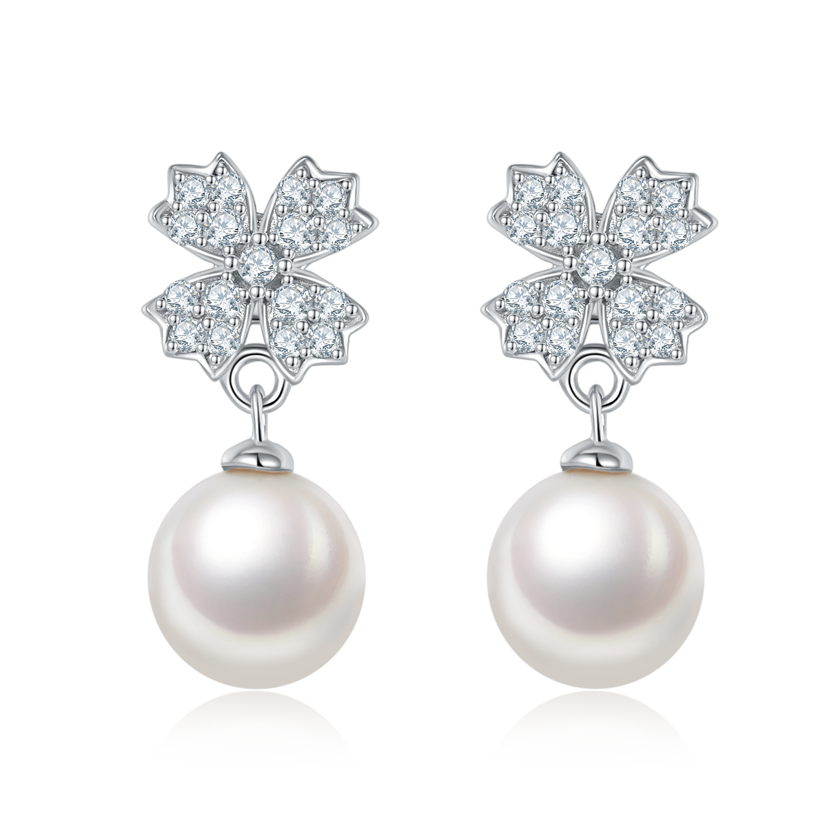 Freshwater Pearl Teardrop & Round Floral Drop Earrings in 925 Sterling Silver