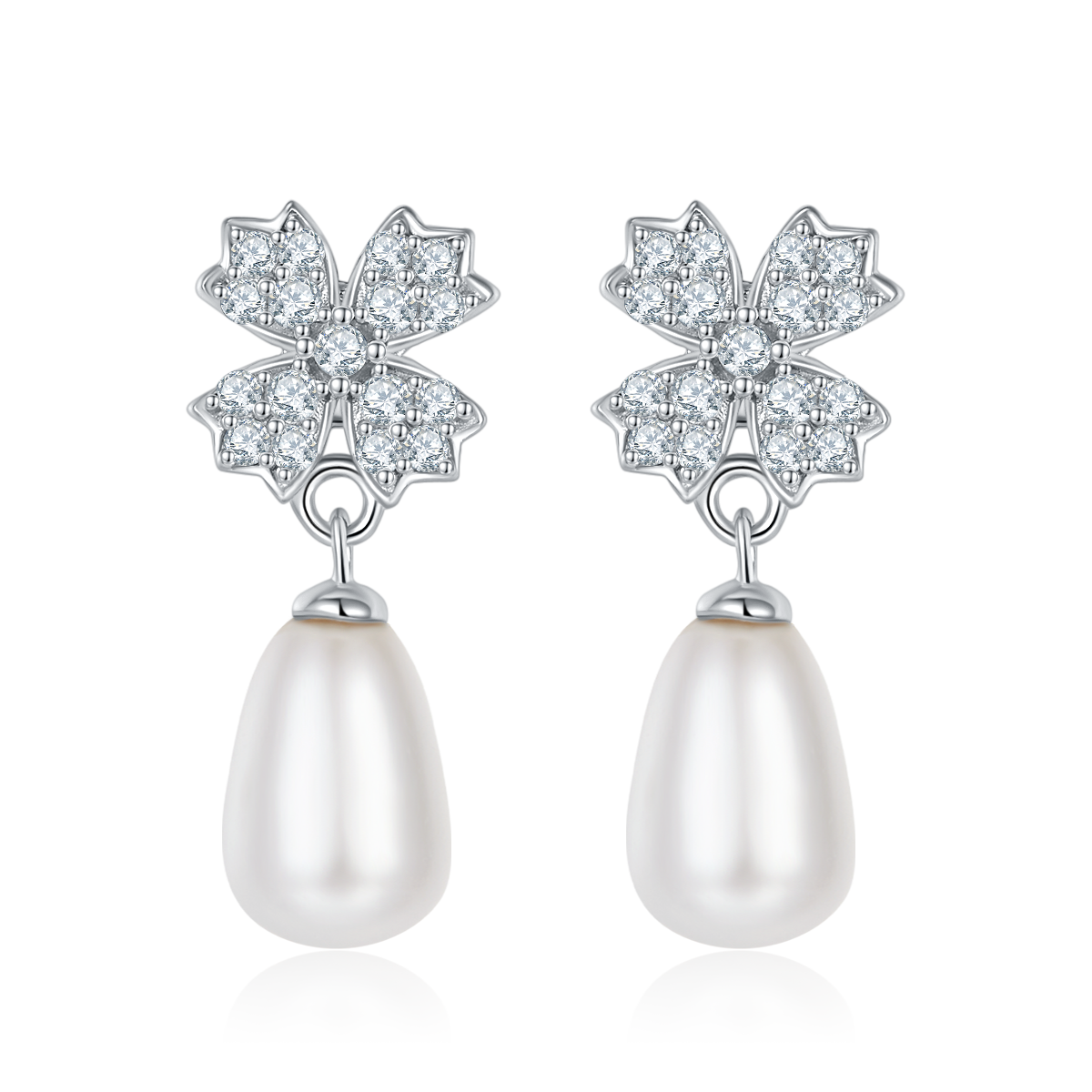 Freshwater Pearl Teardrop & Round Floral Drop Earrings in 925 Sterling Silver