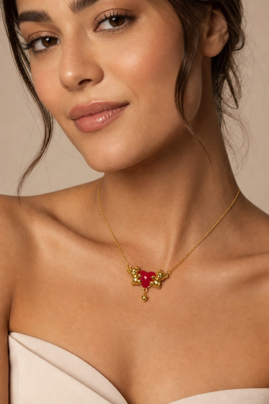 925 Sterling Silver Gold Plated Double Bear Red Enamel Heart Pendant Necklace