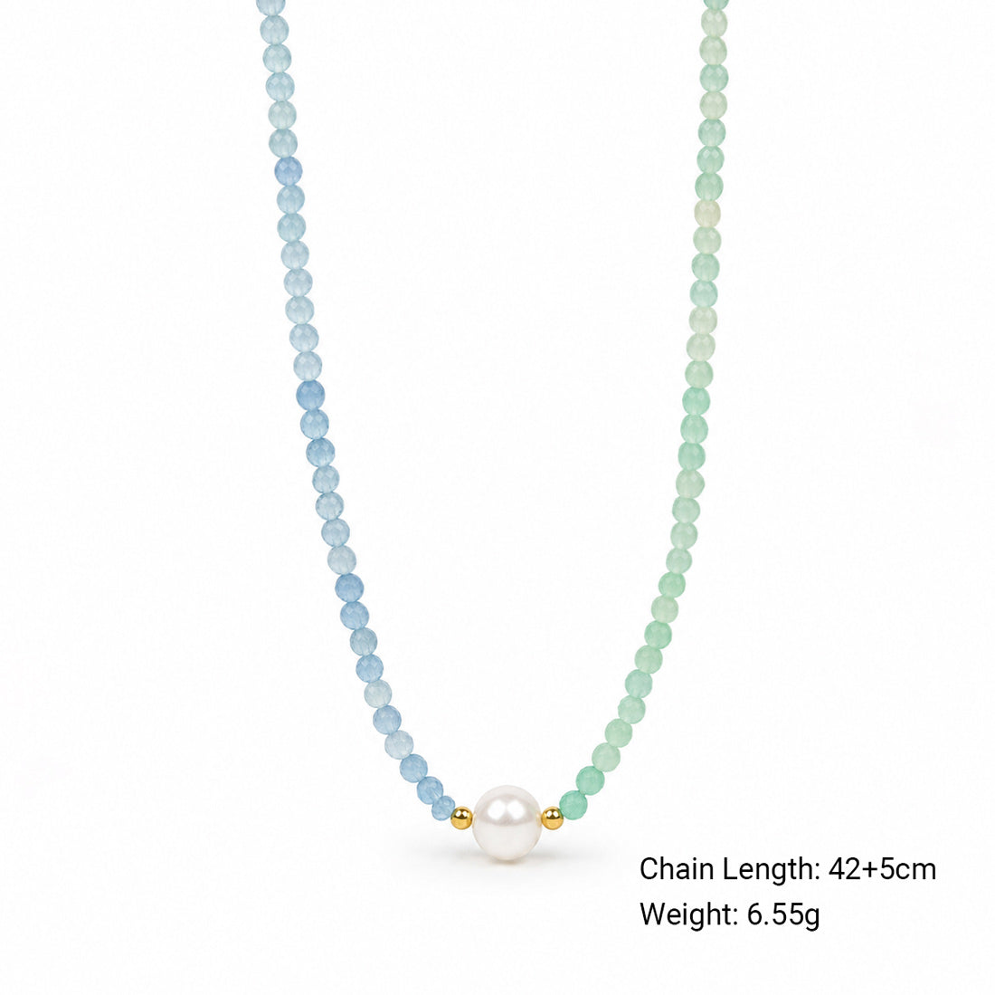 Pastel Aquamarine Green Strawberry Quartz Single Focal Pearl Beaded Strand 925 Sterling Silver Necklace