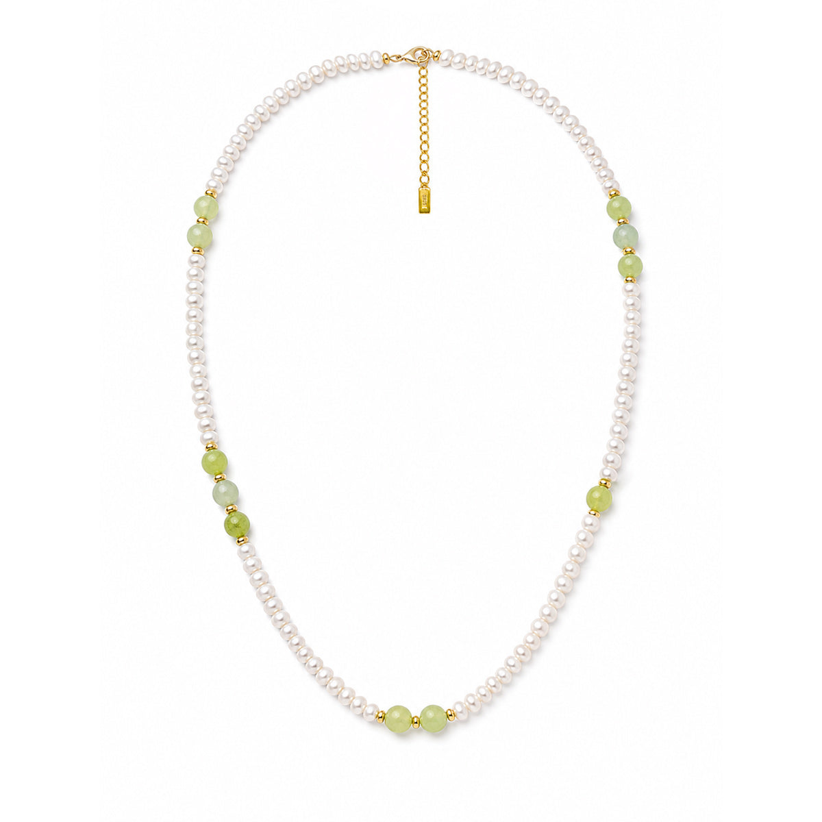 Minimalist Light Green Jade Small Freshwater Pearl Gold Beaded Adjustable 925 Sterling Silver Necklace