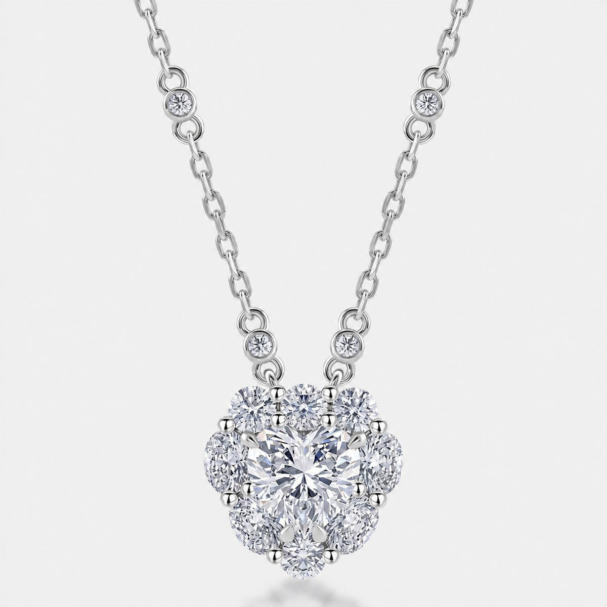 Heart Shape Moissanite Cluster Flower Pendant  925 Sterling Silver Necklace