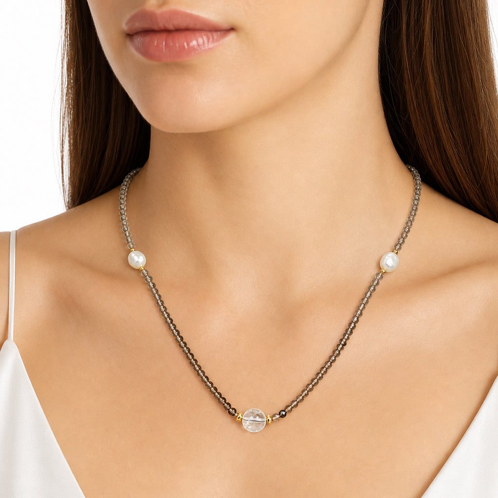 Minimalist Gradient Smoky Quartz Baroque Pearl Gold Beaded Adjustable Ladies Fine Jewelry 925 Sterling Silver Necklace