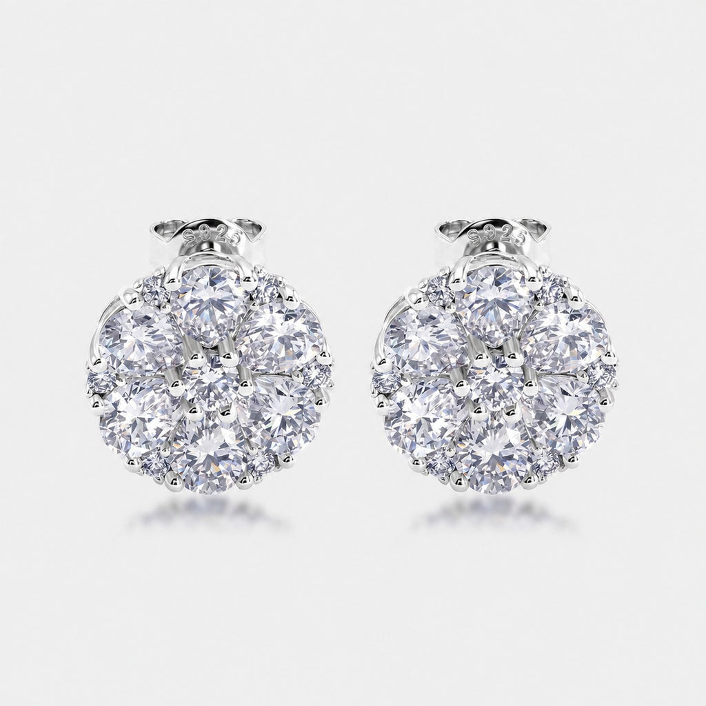 Daisy Flower Cluster Moissanite  White Tone 925 Sterling Silver Stud Earrings
