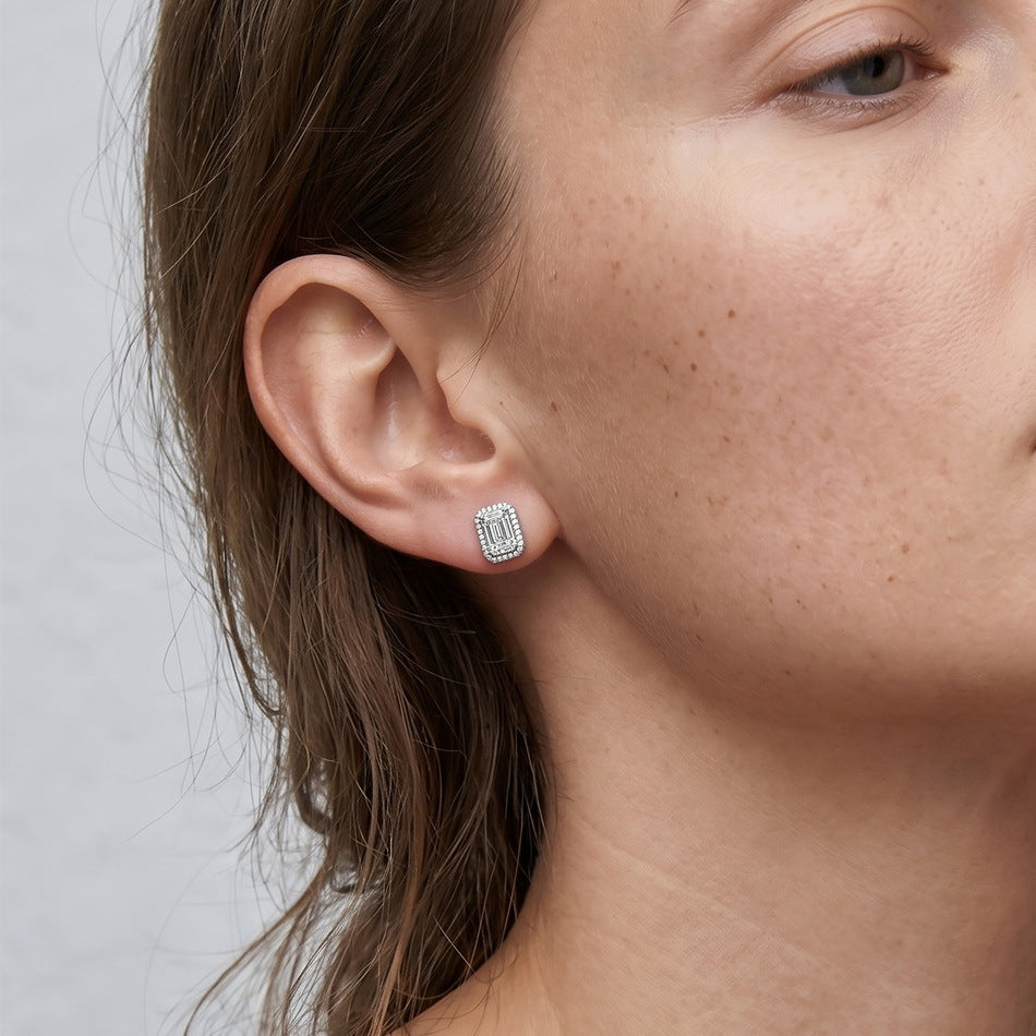 2026 New Vintage Emerald Cut Moissanite Halo Stud Earrings White 925 Sterling Silver Geometric Rectangular Ear Stud Earrings For Women And Men Elegant Fashion Office Party Gift Jewelry