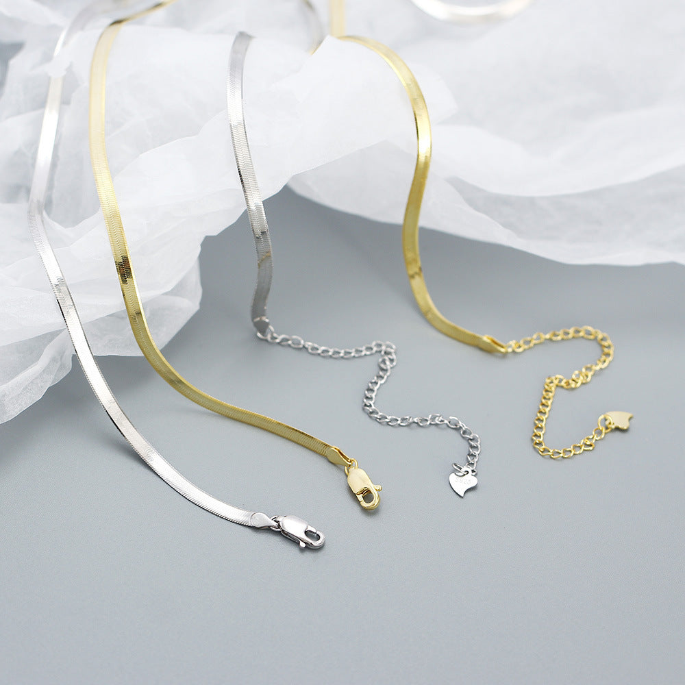 Minimalist Flat Herringbone Snake Chain Pure Metal 925 Sterling Silver Choker Necklace