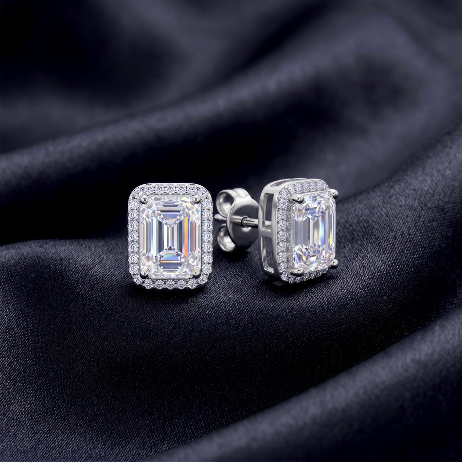 2026 New Vintage Emerald Cut Moissanite Halo Stud Earrings White 925 Sterling Silver Geometric Rectangular Ear Stud Earrings For Women And Men Elegant Fashion Office Party Gift Jewelry
